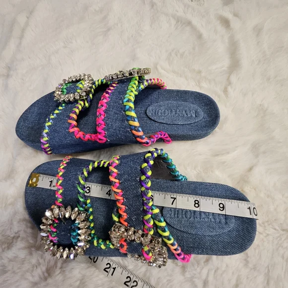 Mystique Luxury Denim Slides Sandals Crystal Buckle Size 8.5 (Fit 8-8.5) NWOB - Picture 9 of 13